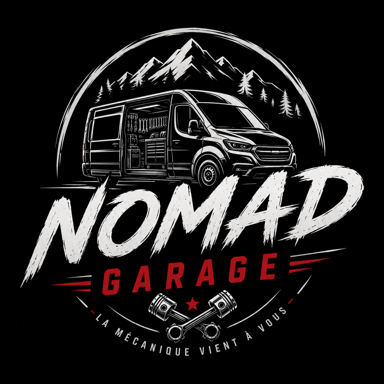 Logo Nomad Garage représentant un atelier mobile devant les montagnes